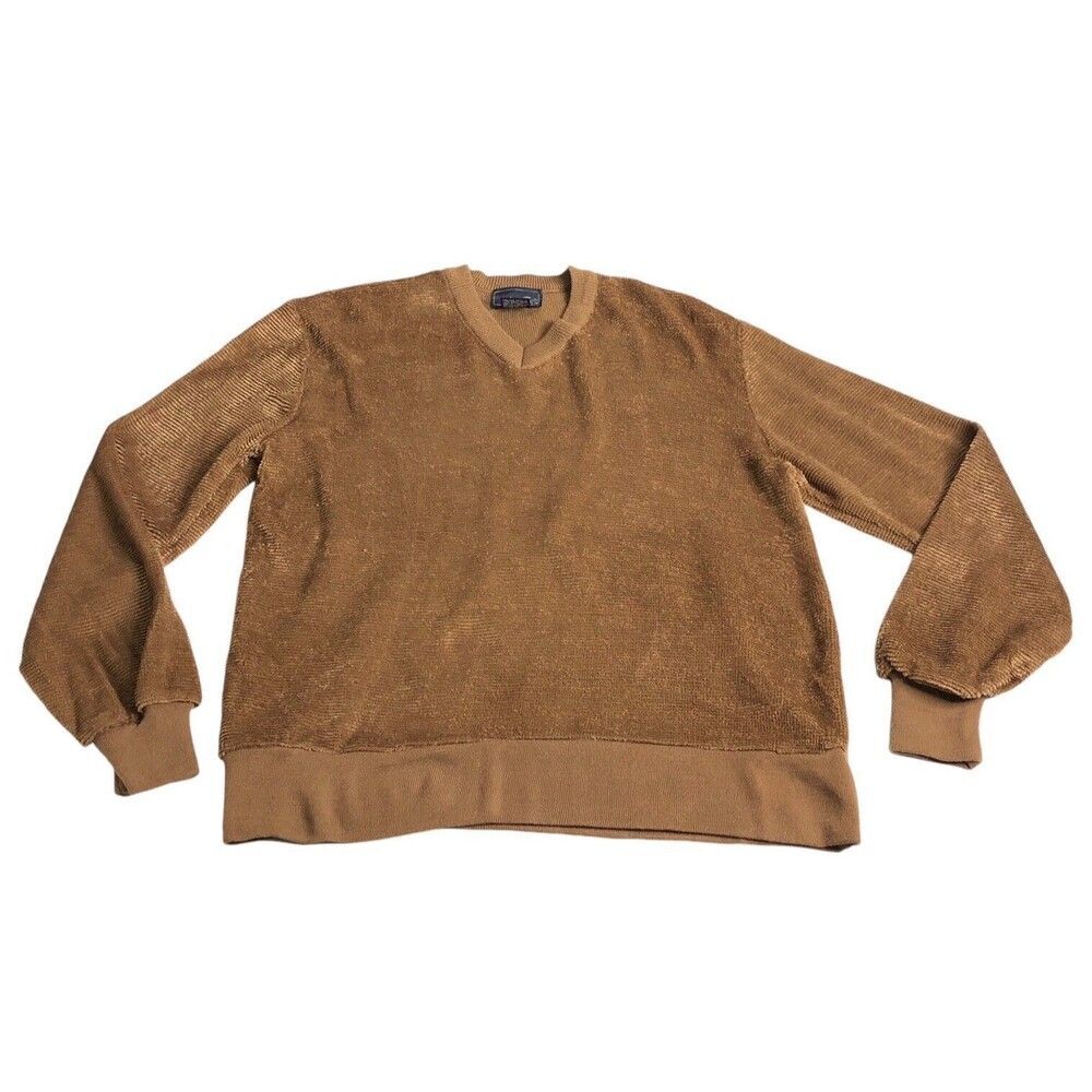 Vintage Van Cort Sweater Mens Large Brown Acrylic Shag Fuzzy VNeck 70s 80s Disco